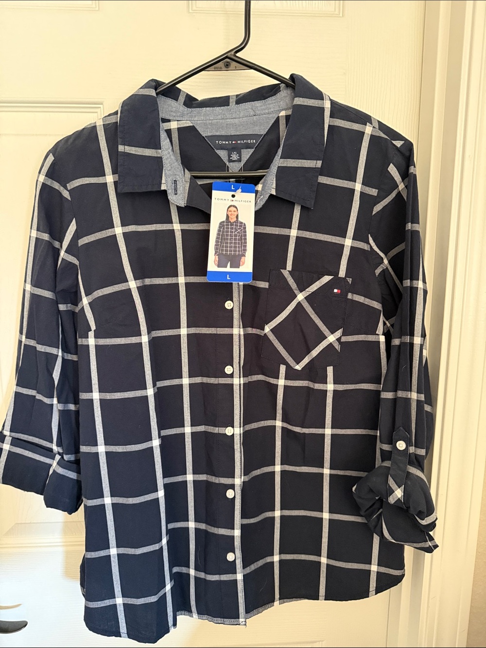 Tommy Hilfiger Navy and White Windowpane Button-Down Shirt